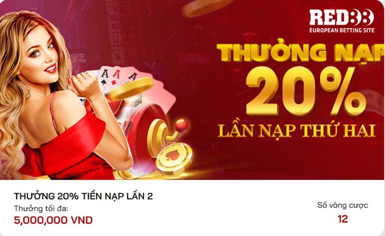 Thưởng 20% tiền nạp lần 2 tại Red88